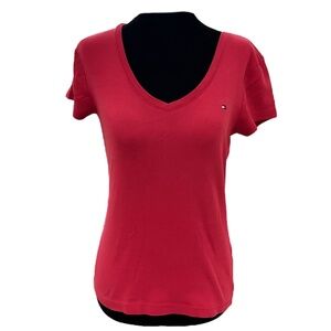 Tommy Hilfiger Deep Red Vintage V-Neck Short Sleeved T-Shirt/Hilfiger Logo